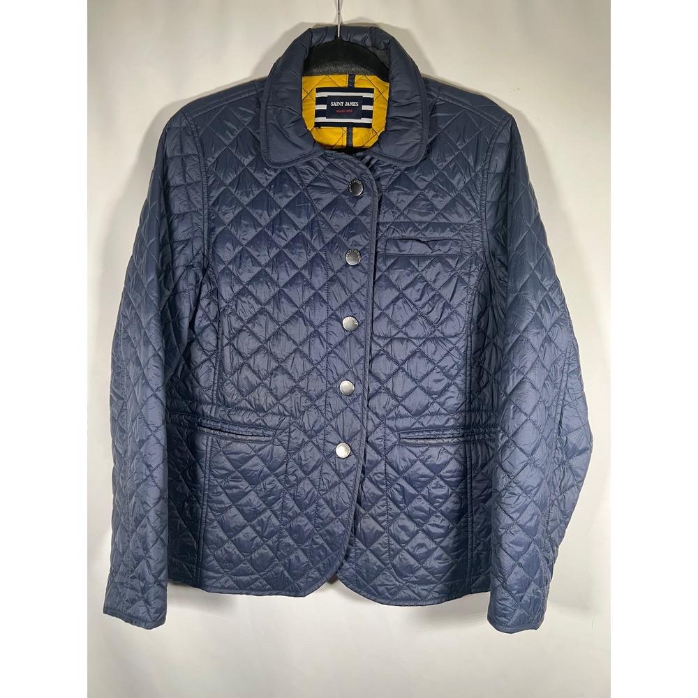 Saint James Navy Blue Quilted Jacket Women Size 10 Yellow Lining Diamond Pattern